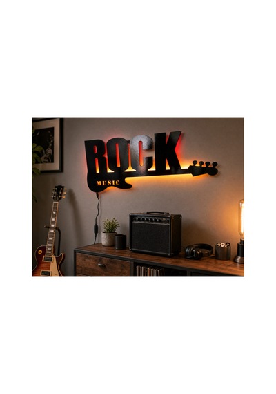 Işıklı Ahşap Duvar Dekoru 50x25 Cm Rock Music Gitar