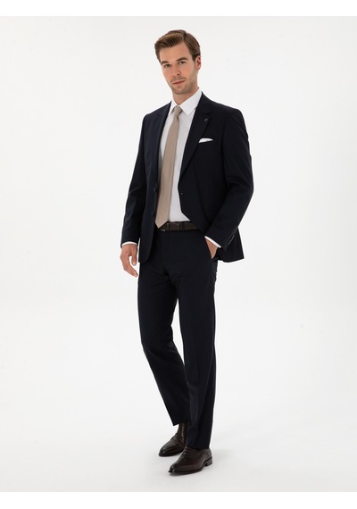 Cacharel Lacivert Slim Fit Yün Karışımlı Mono Yaka Klasik Takım Elbise Cacharel Lacivert Slim Fit Yün Karışımlı Mono Yaka Klasik Takım Elbise