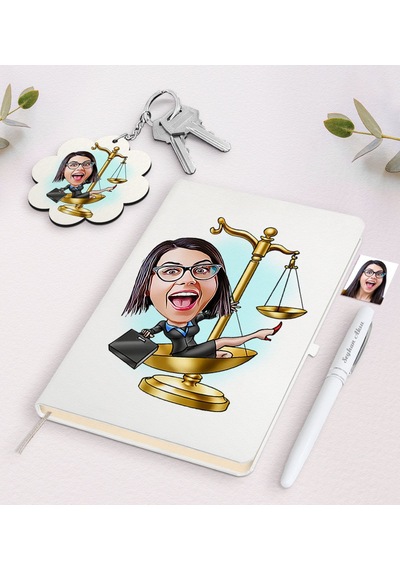 Kişiye Özel Kadın Avukat Karikatürlü Beyaz Defter Kalem Ve Anahta N11.9997