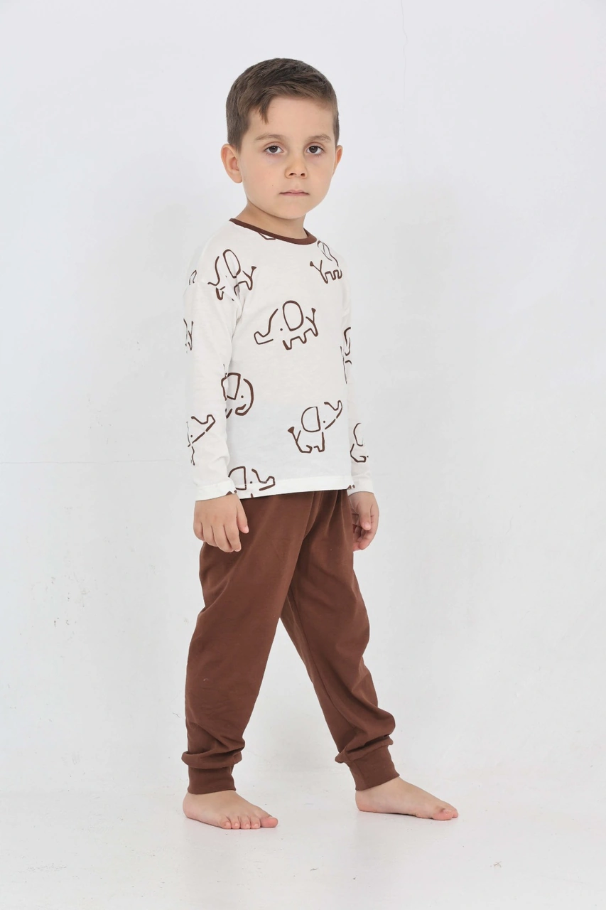 Toontoy Kids Toontoy Erkek Çocuk Fil Pano Baskılı Pijama Takım Kahve