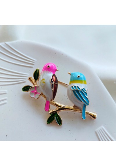 Lovebirds Kuşlar Broş 42x30 Mm Pembe Altın