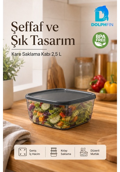Kare Saklama Kabı 2,5 Litre 21x21x8,5 Cm Füme Şeffaf Siyah Kapaklı Bpa İçermez