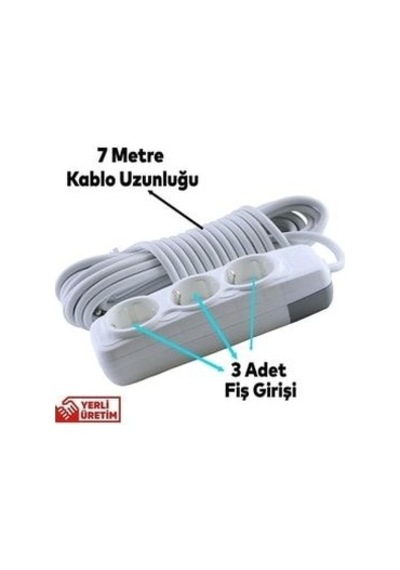 Grup Priz 3 Lü Anahtarsız Topraklı 3 Mt Seyyar Ara Kablolu Uzatma Kablolusu Üçlü Piriz 1
