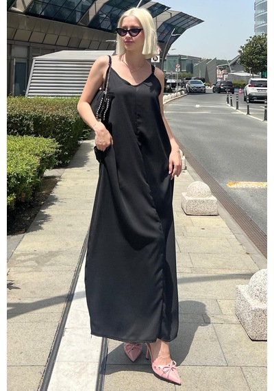 Madmext Siyah Askılı Oversize Uzun Elbise Mg2038-siyah