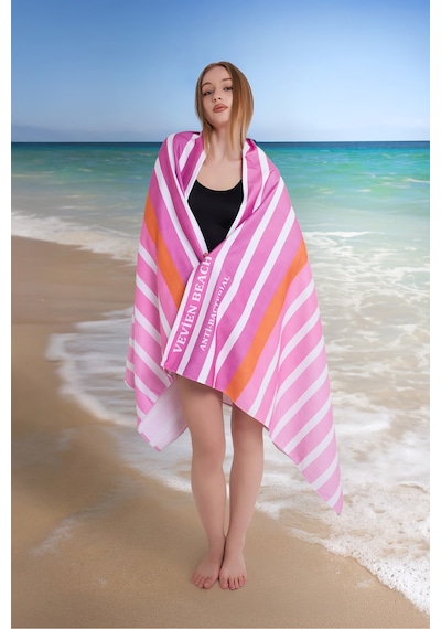 Çizgili Dijital Baskılı 100x180 Cm Plaj Havlusu Plaj Çantası+bon Pembe