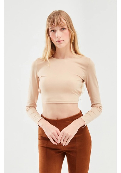 Seeh Camel Bisiklet Yaka Uzun Kollu Kadın Top Body Sh216