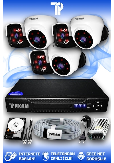Picam 6 Kameralı Panda 3 İç Kamera Set 320 GB HDD Full HD Gece Görüşlü Güvenlik Kamerası Sistemi