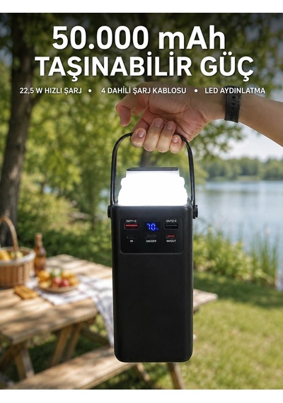 Led Aydınlatmalı Powerbank 50.000 Mah 22,5 W Hızlı Şarj 4 Dahili Kablolu Dijital Pil Göstergeli Bata Çok Renkli