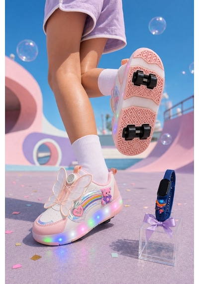 Muggo Colourful Çocuk Işıklı Patenli Tekerlekli Sneaker Spor Ayakkabı Pudra