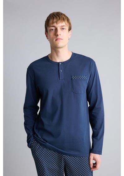 Defacto New Regular Fit Henley Yaka Cepli Uzun Kollu 2li Pijama Takımı I2490ax26aunv135 Lacivert-nv135
