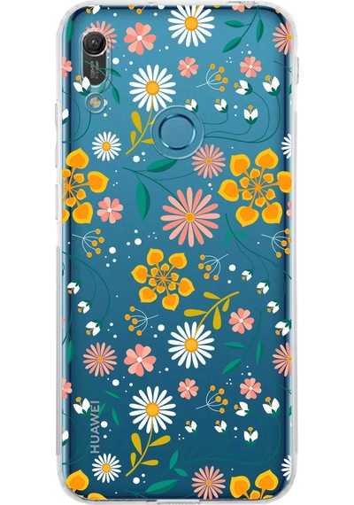 Huawei Y6 Pro 2019 Uyumlu Kamera Korumalı Çiçek Tasarımlı Şeffaf Kılıf Şeffaf