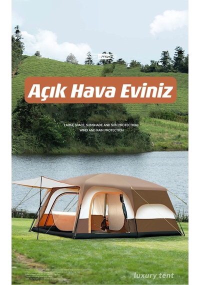 Büyük Uzay Açık Kamp Çadırları 8-10 Kişi Çift Kat 1 Oda 1 Oturma Odası Kamp Çadırı 330 210 185 Cm Kahverengi