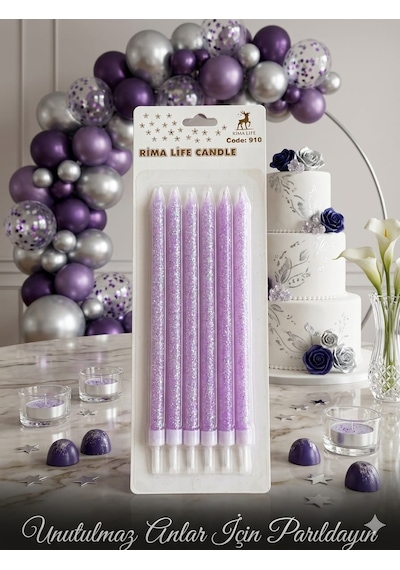 Rima Life Candle Doğum Günü Pasta Mumu, Mor Simli, Uzun İnce, Kutlama İçin, 6'lı Paket +0