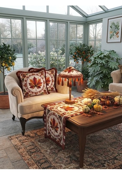 Missidea Fall Elegance Yaprak Desenli Dekoratif Masa Üstü Lambası Bali Şemsiyesi Seti Şemsiye + Runner + 2 Li Kırlent Kılıfı Çok Renkli