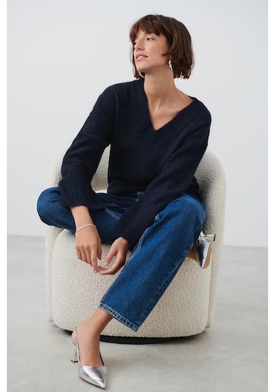 Madmext Lacivert V Yaka Oversize Kadın Triko Kazak Mg2149-lacivert Lacivert