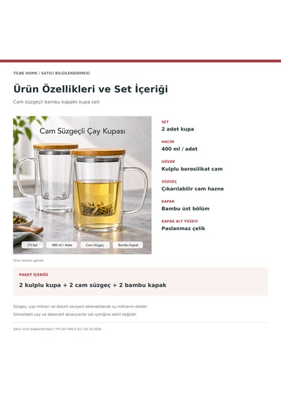 2 Li Cam Süzgeçli Bambu Kapaklı Borosilikat Kupa 400 Ml Kulplu Bitki Çayı Demleme Ve Sunum Bardağı Şeffaf