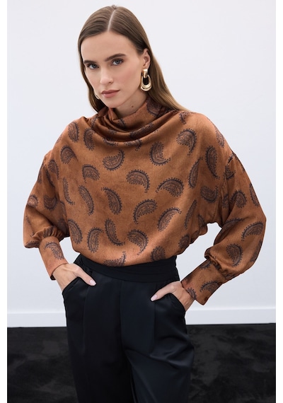 Sateen Degaje Yaka Desenli Bluz - Kahve-136572 Kahve