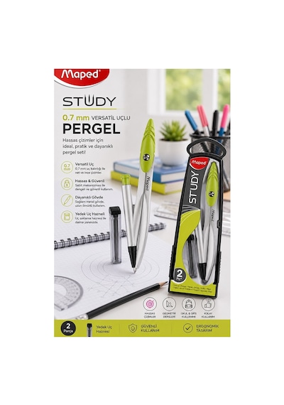0.7 Uçlu Metal Pergel Yeşil 1 Adet Maped 119430 Kutulu Metal Pergel Versatil Uçlu Mekanik Kalem Basmalı Uçlu Matematik