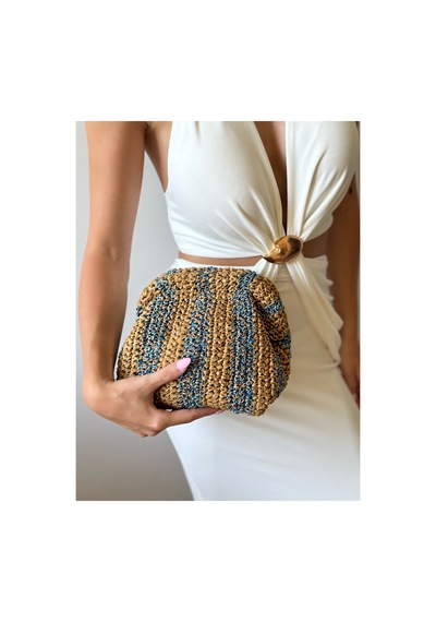 Genel Markalar El Örgüsü Kağıt İp Clutch Çanta Mavi Çizgili Bohem Portföy Kadın El Çantası Turkuaz Turkuaz