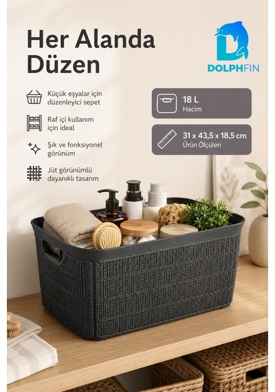 Jute Çok Amaçlı Kutu 18 L Plastik Mutfak Banyo Dolap İçi Düzenleyici Siyah
