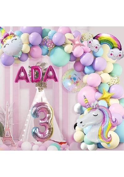 3 Harfli Yaş Seçenekli Gökkuşağı Konseptli Unicorn Temalı Makaron Balon Doğum Günü Parti Kutlama Seti 1