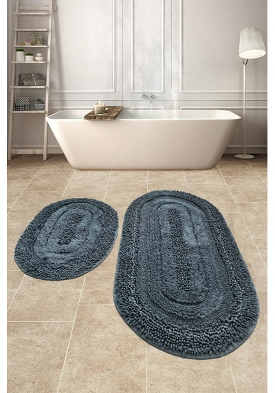 Doğal Pamuklu Spagetti Oval Antrasit 2'li Banyo Paspası Seti Antrasit