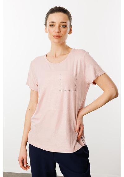 Kadın Sıfır Yaka Düşük Kollu T-shirt Pudra Pudra