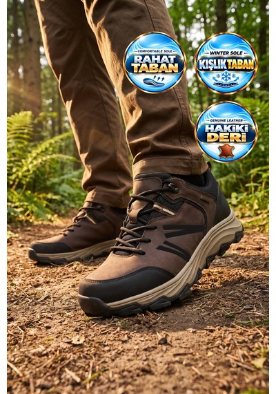 Ayakmod Kahve Hakiki Deri Kaymaz Tabanlı Bağcıklı Erkek Outdoor Trekking Ayakkabı 2672 Kahverengi