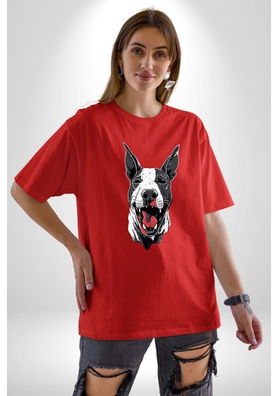 Doberman Kırmızı Dil Siyah Dik Kulak Pamuklu Bisiklet Yaka Unisex Oversize Boyfriend Dijital Baskılı Kırmızı T-shirt Kırmızı