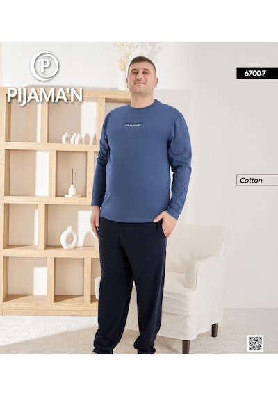 Pijamoni Erkek Battal Bisiklet Yaka Penye Uzun Kol Pijama Takımı 6700/7 - 1 Adet Mavi