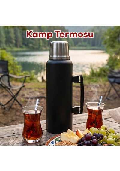Porsima 2085 Çift Katmanlı Paslanmaz Çelik Termos Kulplu Termos Matara 1,5lt Siyah