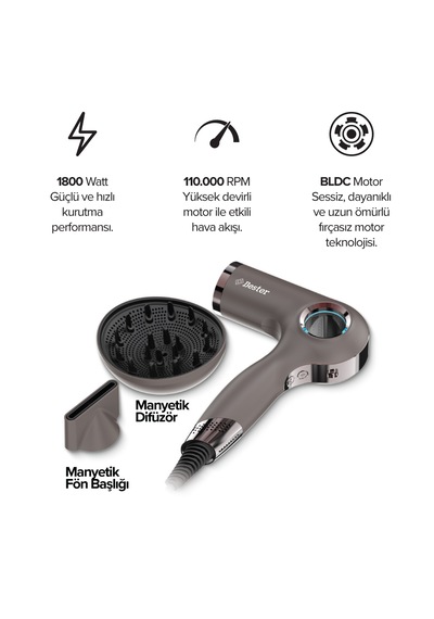 Bester Hd8002 1800 Watt Bldc Saç Kurutma Makinesi Akıllı Isı Döngüsü, Negatif İyon, Manyetik Başlık