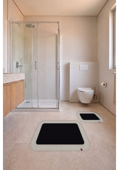 Banyo Paspası Takımı 70x110+50x70 Cm Düz Siyah & Krem Siyah - Krem