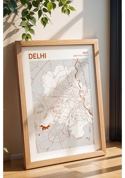 Delhi Hindistan India Haritası Çerçeveli Tablo Lüks Salon Ofis Duvar Dekorasyonu Hediyelik Tablo Kayın