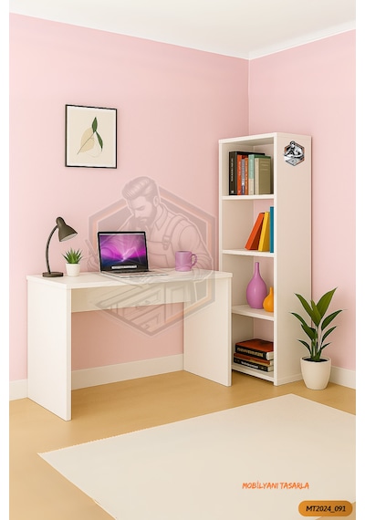 Tamamı Mdf Boy Kitaplıklı 4 Raflı Çalışma Odası Seti