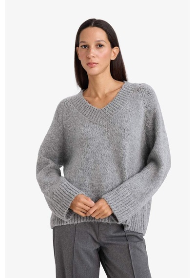Defacto Oversize Geniş Kalıp V Yaka Triko Kazak G6290ax25wngr156 Gri-gr156