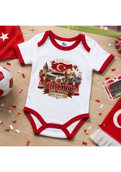 Bk Gift Türkiye Taraftar Temalı 2026 Dünya Kupası Tasarımlı Kırmızı Bebek Body Zıbın-7 Tek Yürek Milli Takım Ruhu