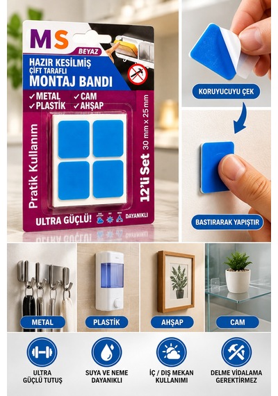 12'li Beyaz Ultra Güçlü Hazır Kesilmiş Çift Taraflı Montaj Bandı Bantı 30 Mm X 25 Mm Bantları