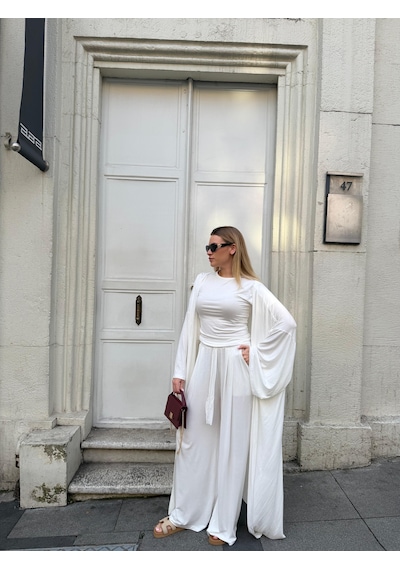 Bonacosa Kadın Viskon 3 Lü Takım Kimono + Beli Lastikli Salaş Pantolon + Kısa Kol Tshirt 8 Renk Ekru Bonacosa Kadın Viskon 3 Lü Takım Kimono + Beli Lastikli Salaş Pantolon + Kısa Kol Tshirt 8 Renk Ekru