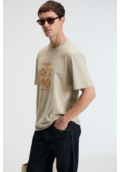 Grımelange SWEET Erkek %100 Pamuk Oversize Fit Baskılı Kısa Kollu Yuvarlak Yakalı Taş Rengi T-Shirt