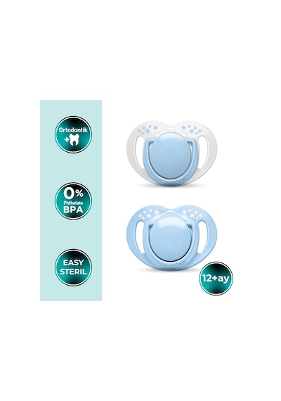 Mamajoo Ortodontik Emzik Seti 12 Ay+ Powder Blue | İkili, Silikon, Damaklı | Sterilizasyon & Saklama Kabı