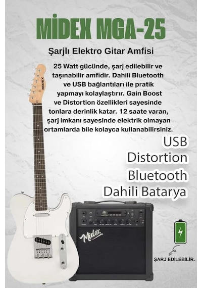 Midex Tlx-50wh-25amp Tele Kasa Gül Klavye 2 Single-coil 25w Amfili Elektro Gitar