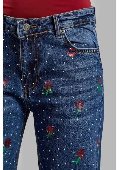Itsbasic Kadın Kot Rengi T2w48 Çiçek Baskılı Parlak Taşlı Loose Fit Tasarım Denim Jean Kot Rengi Çiçek Baskılı
