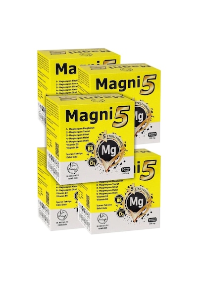 Magni5 Magnezyum 5 Etkili Form B6 D3 Vitamini Bisglisinat Malat Taurat Sitrat Oksit 5' x 3 Aylık 90 Kapsül