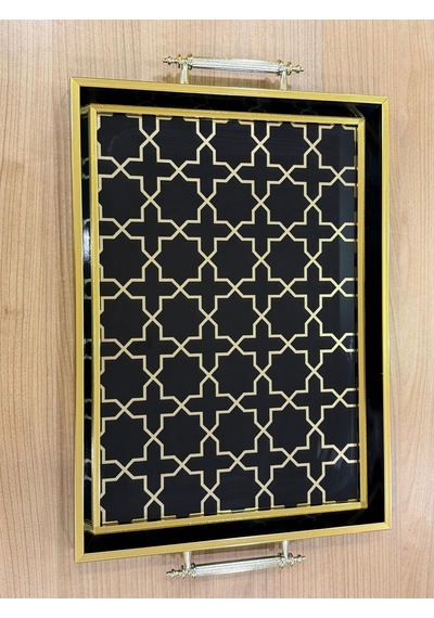 Öykü LIVING Şık Kahve Sunum Tepsisi - Altın Detaylı Siyah Desenli Hediye Dekoratif Obje