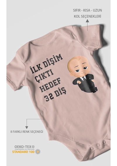 Morivokids İlk Dişim Çıktı Hedef 32 Diş Kısa Kollu Bebek Body Pastel Pembe