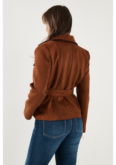 Lela Regular Fit Kruvaze Yaka Kuşaklı Süet Dokulu Bayan Ceket 6839640 Taba