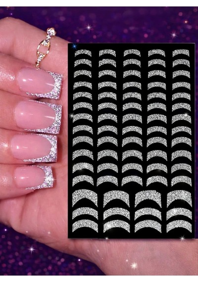 Gümüş Simli Fransız Manikür Tırnak Sticker, Nail Art Süsleme, Protez Tırnak Kalıcı Oje İçin Dekoratif Çıkartma