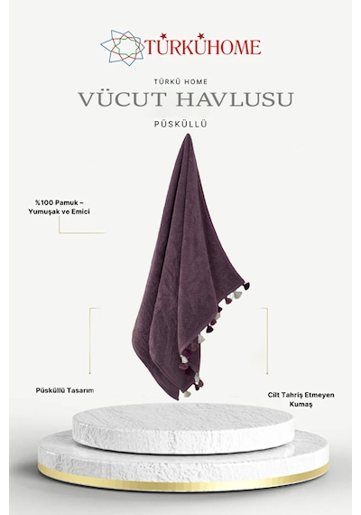 Püsküllü Yumuşak Pamuk Havlu Yüksek Emicili Vücut Havlusu 70x130 Cm Mor