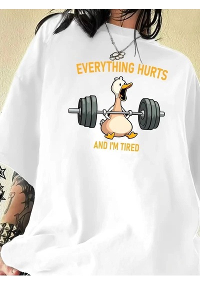 Kadın T-shirt Ördek Baskılı Bisiklet Yaka Kısa Kol Tişört - Beyaz